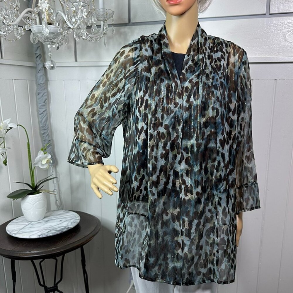 Open Front Kimono Chico's Animal Luster Sheer Misty Teal color  Size 2.5  L/14